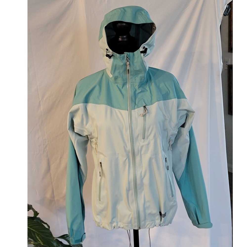 REI Womens Hooded Windbreaker Jacket Blue Gray Colorblock Full Zip Medium